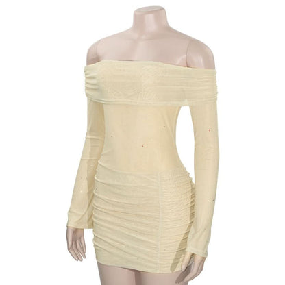 Long sleeve off shoulder glitter mesh ruched mini dress