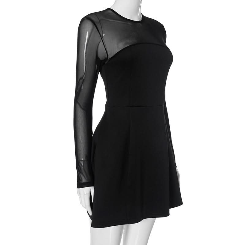 Long sleeve mesh patchwork button mini dress