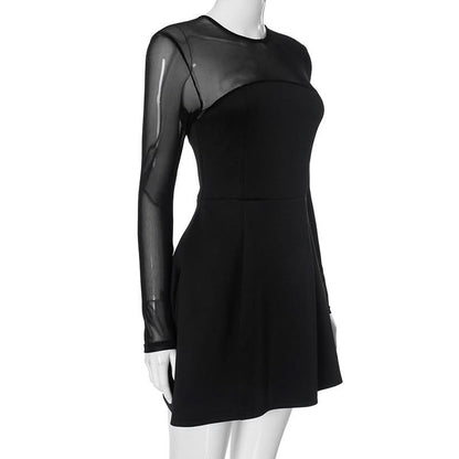 Long sleeve mesh patchwork button mini dress