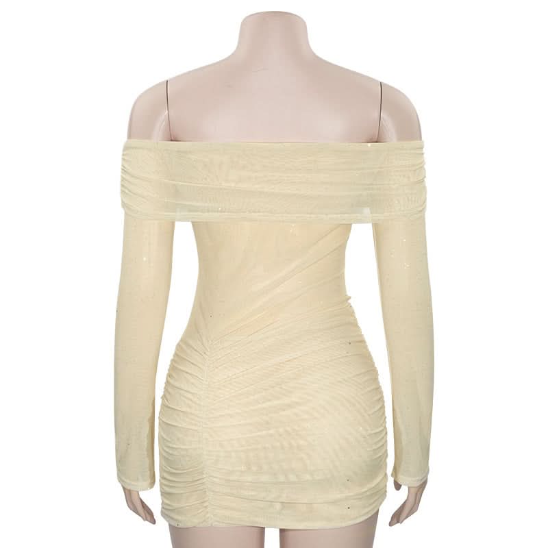 Long sleeve off shoulder glitter mesh ruched mini dress