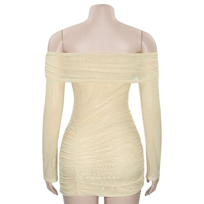 Long sleeve off shoulder glitter mesh ruched mini dress