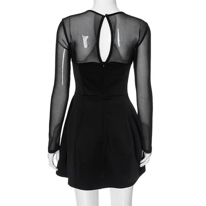 Long sleeve mesh patchwork button mini dress