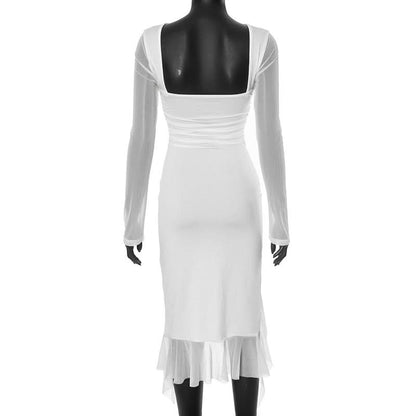 Long sleeve mesh patchwork ruffle midi dress