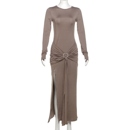 Crewneck long sleeve ruched slit maxi dress
