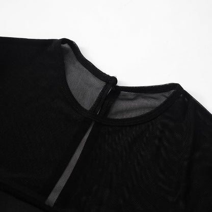 Long sleeve mesh patchwork button mini dress