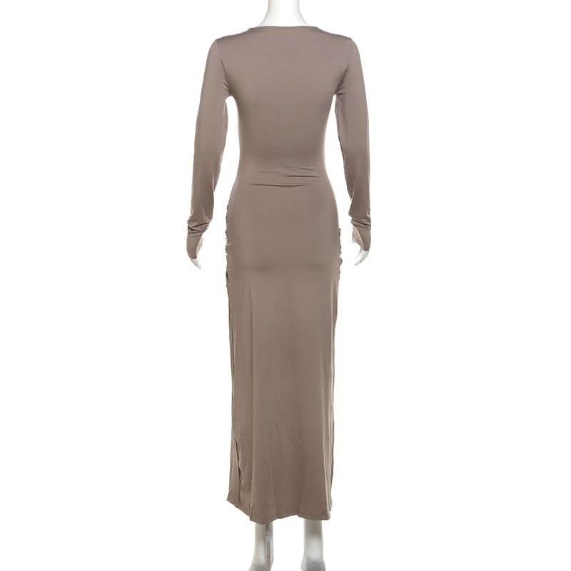 Crewneck long sleeve ruched slit maxi dress