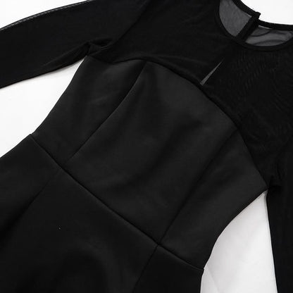 Long sleeve mesh patchwork button mini dress