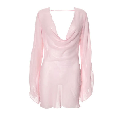 Cowl neck long sleeve chiffon see through mini dress