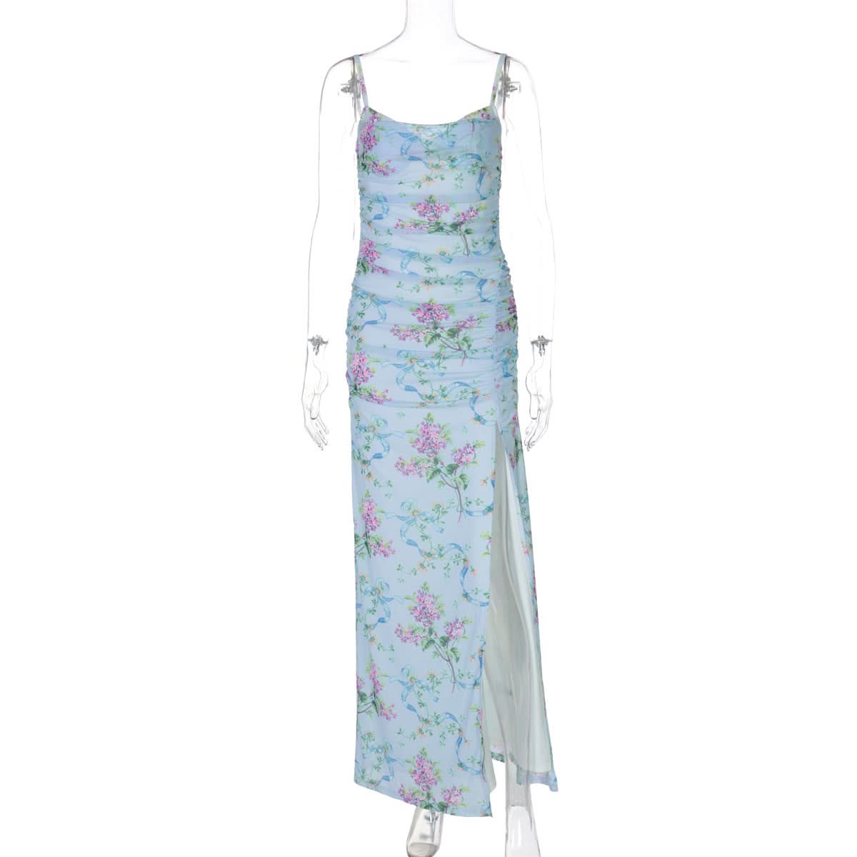 U neck flower print high slit cami maxi dress