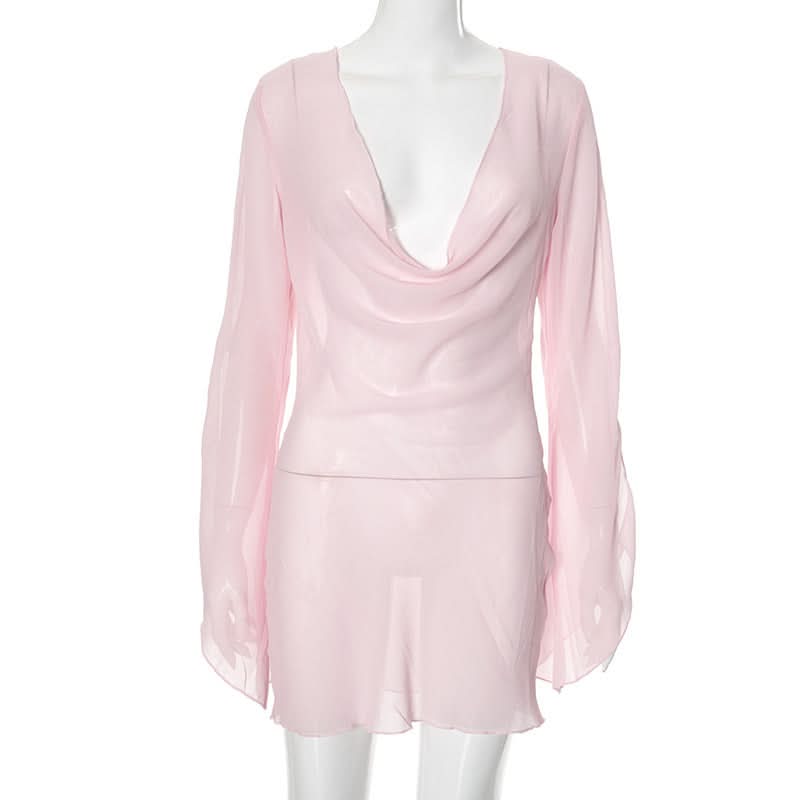 Cowl neck long sleeve chiffon see through mini dress