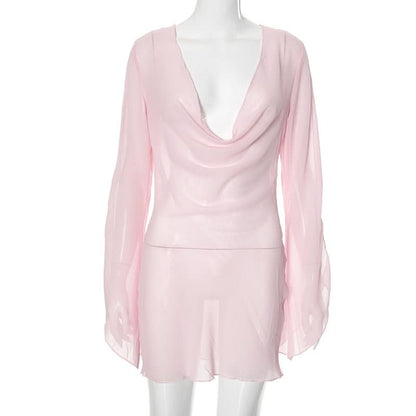 Cowl neck long sleeve chiffon see through mini dress