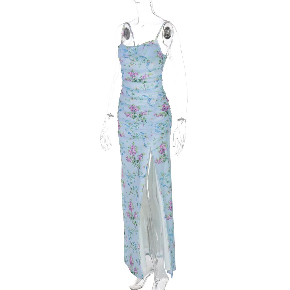 U neck flower print high slit cami maxi dress