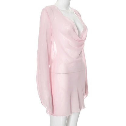 Cowl neck long sleeve chiffon see through mini dress