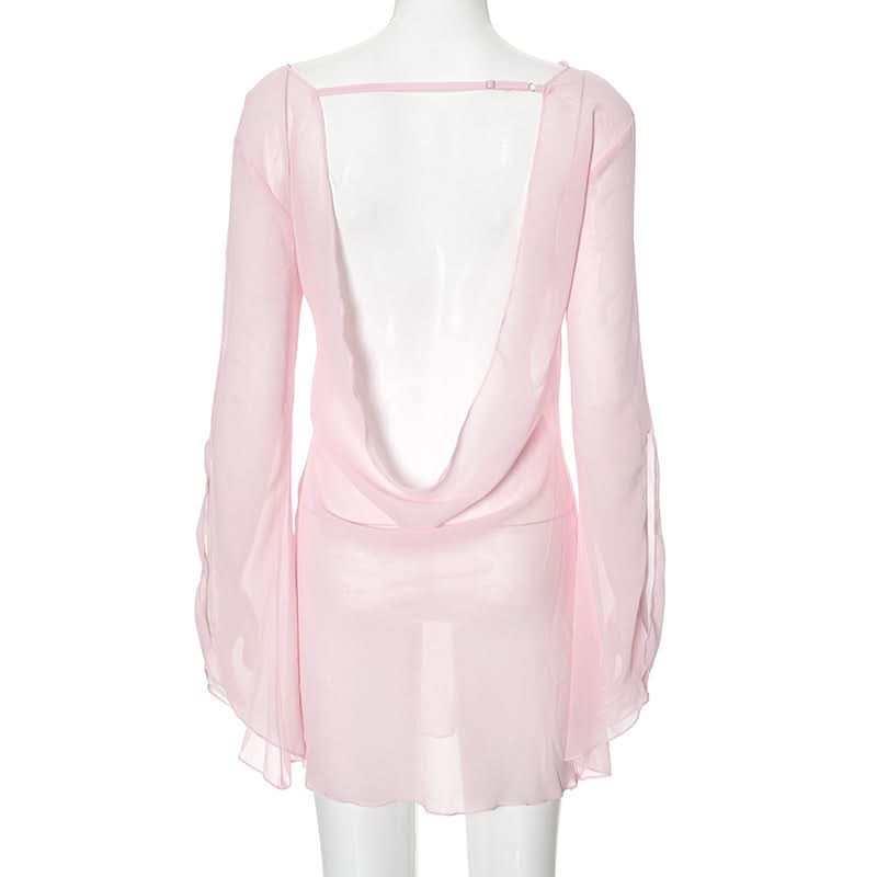 Cowl neck long sleeve chiffon see through mini dress