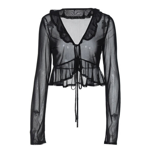 Long sleeve sheer mesh ruffle self tie top