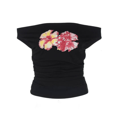 Off shoulder ruched flower pattern top