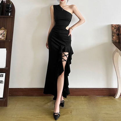 One shoulder hollow out slit ruffle maxi dress