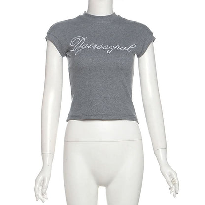 Crewneck letter embroidery short sleeve top