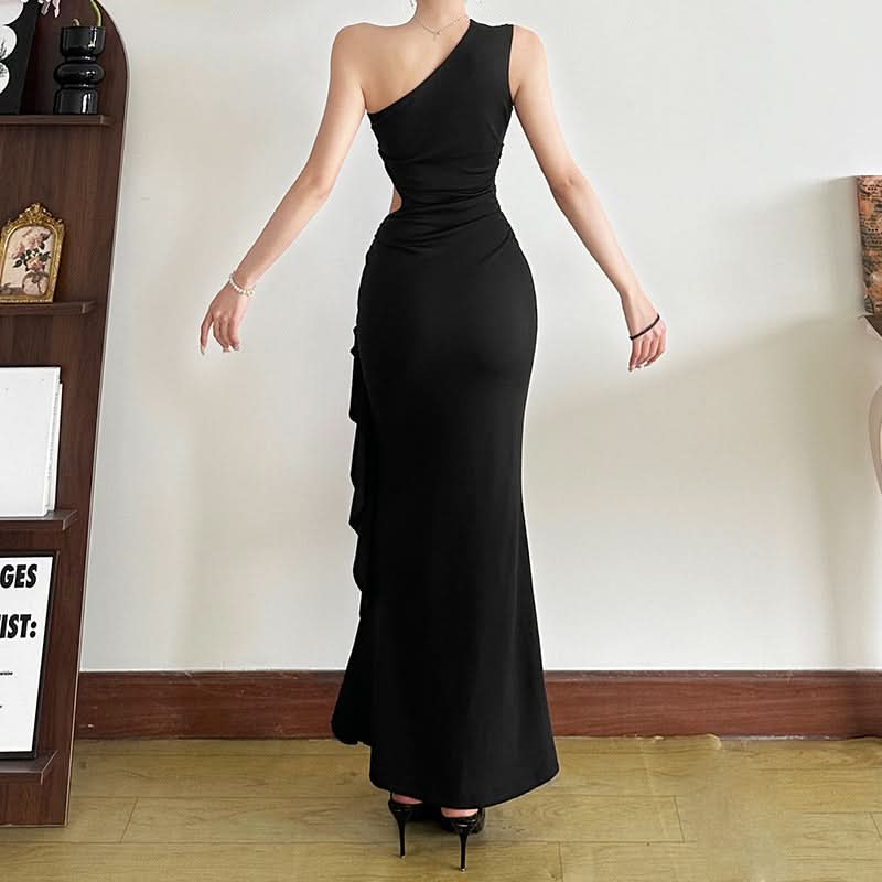 One shoulder hollow out slit ruffle maxi dress