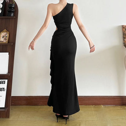 One shoulder hollow out slit ruffle maxi dress
