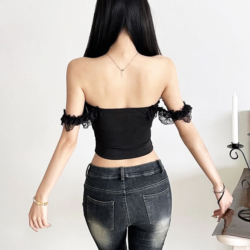 Off shoulder lace hem ruffle bowknot top