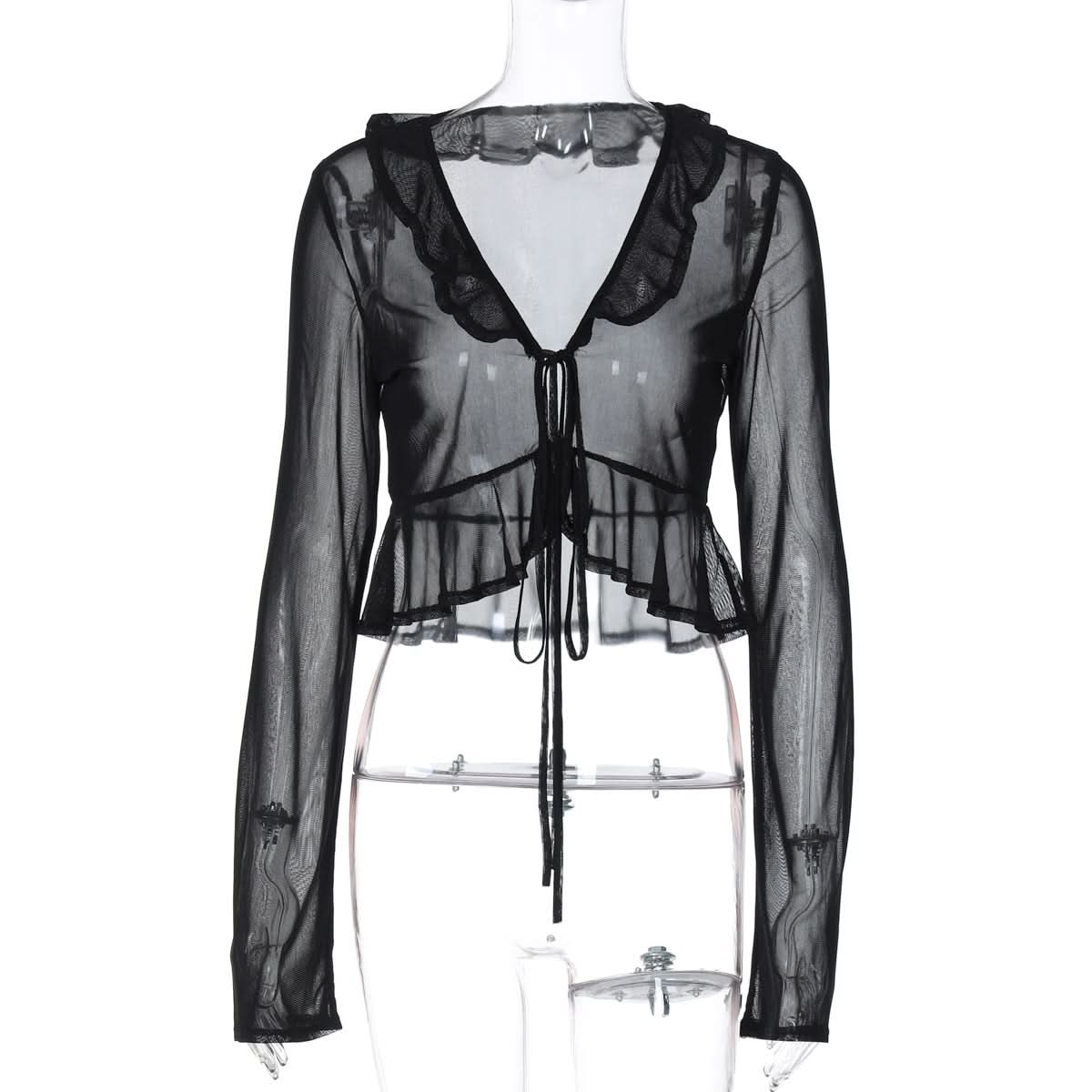 Long sleeve sheer mesh ruffle self tie top