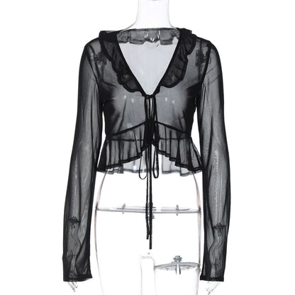 Long sleeve sheer mesh ruffle self tie top