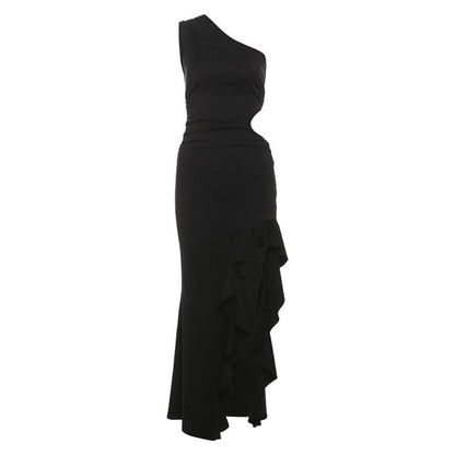 One shoulder hollow out slit ruffle maxi dress