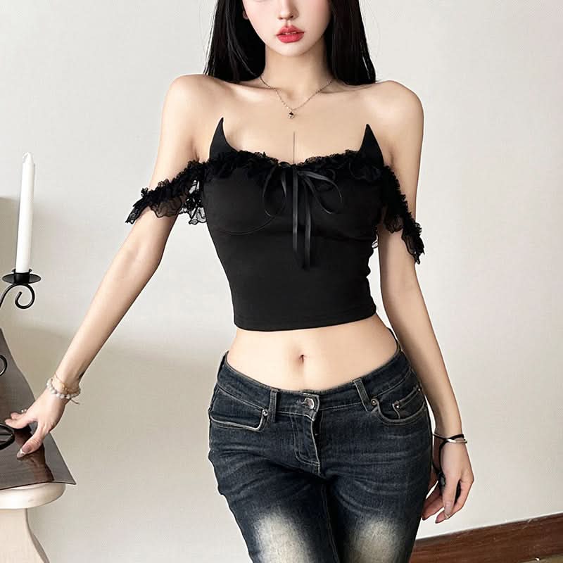 Off shoulder lace hem ruffle bowknot top