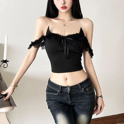 Off shoulder lace hem ruffle bowknot top