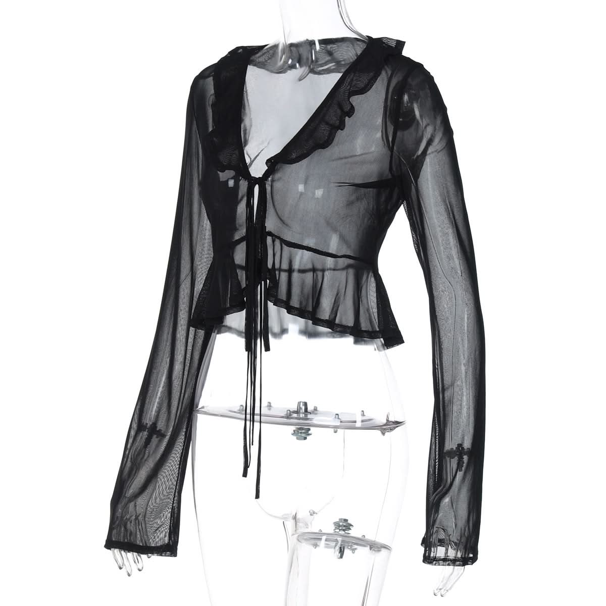 Long sleeve sheer mesh ruffle self tie top