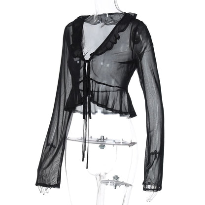 Long sleeve sheer mesh ruffle self tie top