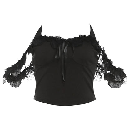 Off shoulder lace hem ruffle bowknot top