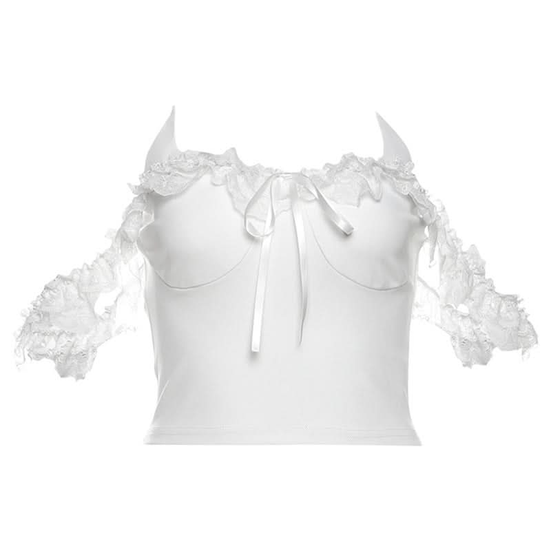 Off shoulder lace hem ruffle bowknot top