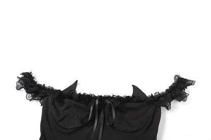 Off shoulder lace hem ruffle bowknot top
