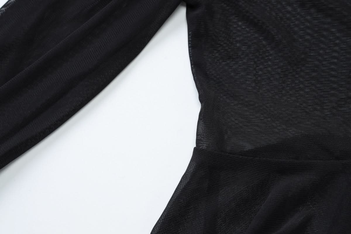 Long sleeve sheer mesh ruffle self tie top