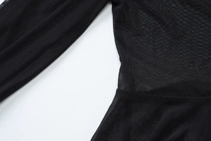 Long sleeve sheer mesh ruffle self tie top