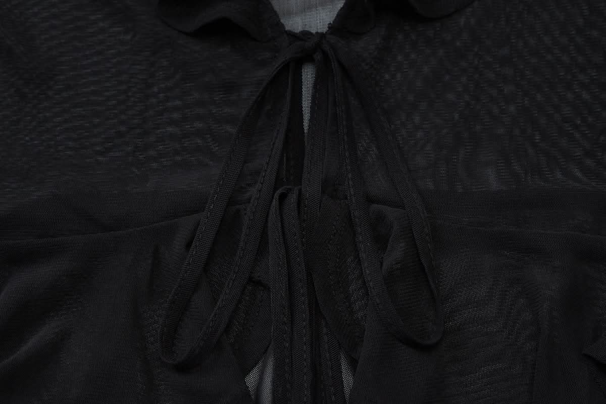 Long sleeve sheer mesh ruffle self tie top