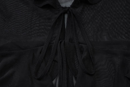 Long sleeve sheer mesh ruffle self tie top