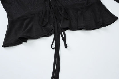 Long sleeve sheer mesh ruffle self tie top