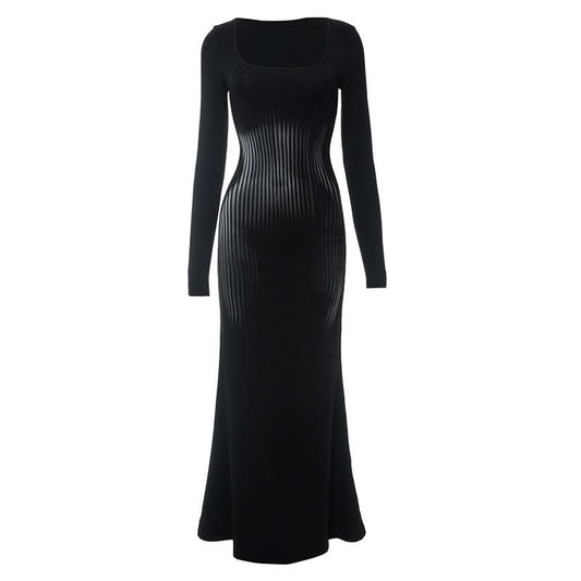 Square neck long sleeve body print maxi dress