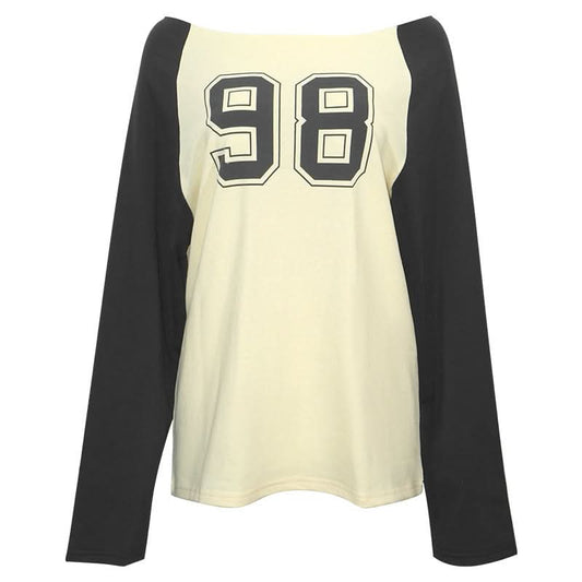 Long sleeve off shoulder "98" print top