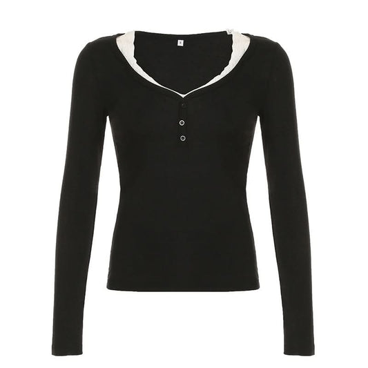 V neck long sleeve lace hem top