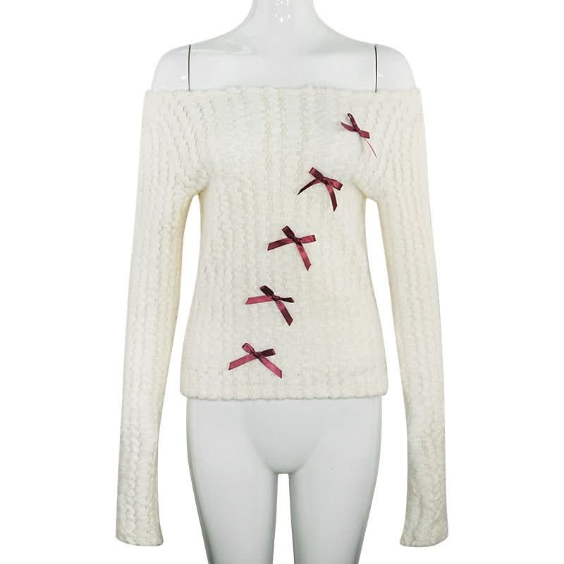 Off shoulder long sleeve bowknot fluffy top