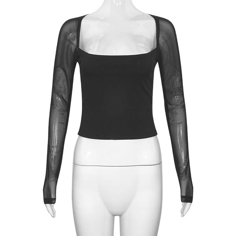 Square neck long sleeve mesh patchwork top