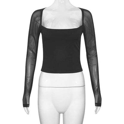 Square neck long sleeve mesh patchwork top
