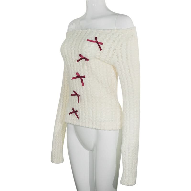 Off shoulder long sleeve bowknot fluffy top