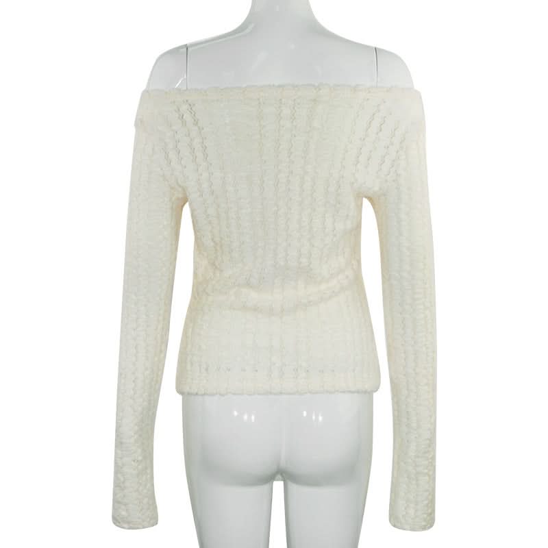 Off shoulder long sleeve bowknot fluffy top