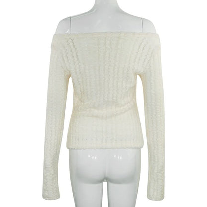 Off shoulder long sleeve bowknot fluffy top