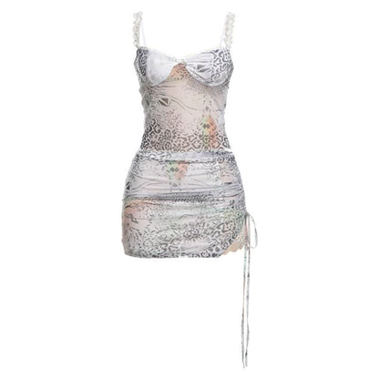 Lace hem bowknot print drawstring cami mini skirt set